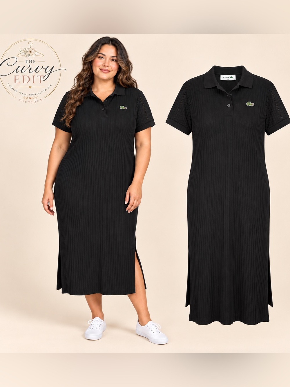 Lacoste Size 46 (14 -16) XL Preppy Black Ribbed Knit Polo Midi Dress Side Slits